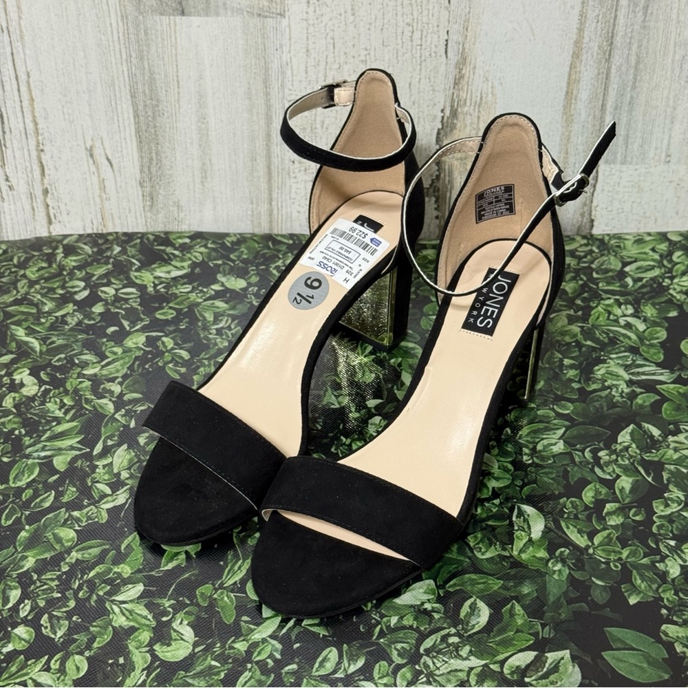 Jones New York Black Suede Heels with Ankle Strap with Gold Trim - Picture 13 of 13